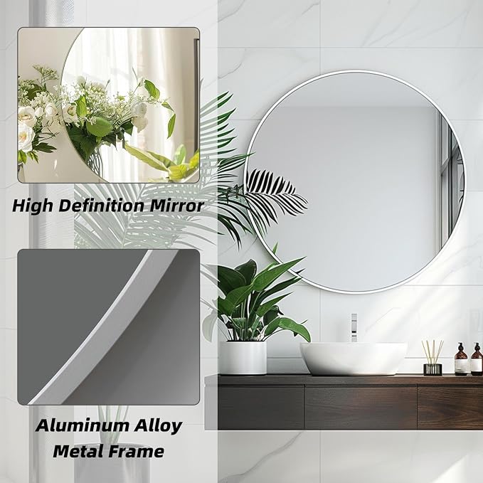 Round White Mirror 24 Inch, Matte White Metal Frame, Circle Mirror | Circular Wall Mounted Mirrors for Bathroom, Living Room, Bedroom, Entryway, Hallway, Dining Room, Wall Decor, Thin Frame