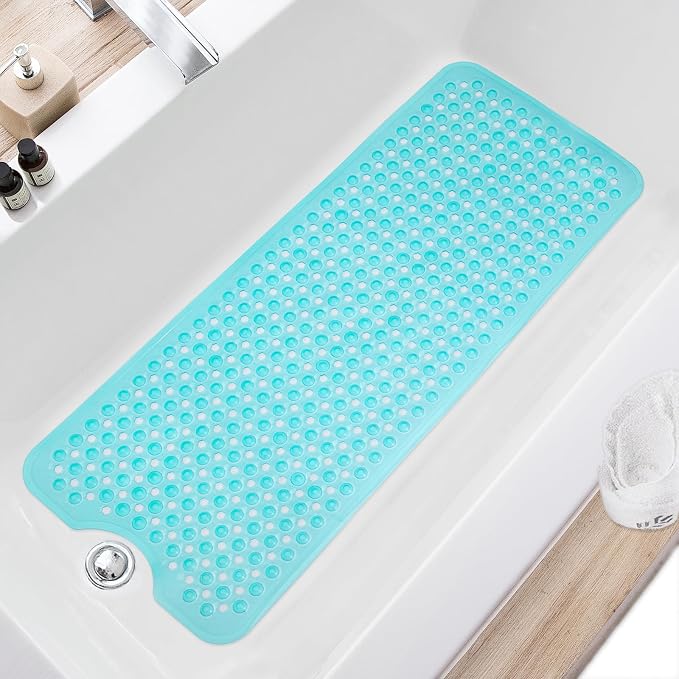 TEESHLY Bath Tub and Shower Mats, Non Slip 40 x 16 Inch Extra Large Bathtub Mat, Machine Washable Bathmat with Drain Holes, Suction Cups for Bathroom Floor, Clear Turquoise