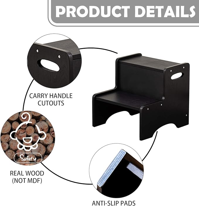 Toddler Step Stool, Wooden 2 Step Stools for Bathroom Sink Potty Training Kitchen Dual Height Stool Helper for Kids Bonus Non-Slip Pads and Handles for Safety (Black)