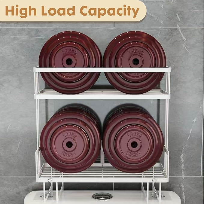 ShellKingdom Over The Toilet Storage Shelf, 2 Tier Toilet Paper Holder Rack | Punch-Free Bathroom Storage Rack with 2 Hooks, Small Space Organizers for Bathroom, Home, Black