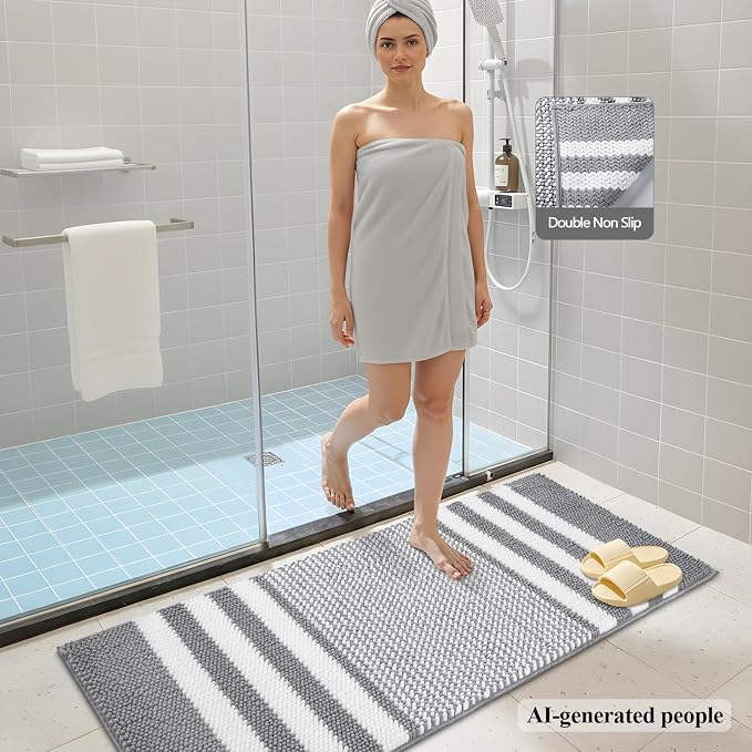 Light Grey Bathroom Rugs Set 2 Piece, Extra Soft Absorbent Fluffy Striped Chenille Bathroom Floor Mat, Non Slip Quick Dry Washable Bath Rugs for Shower, 20" x 47" Plus 20" x 32"