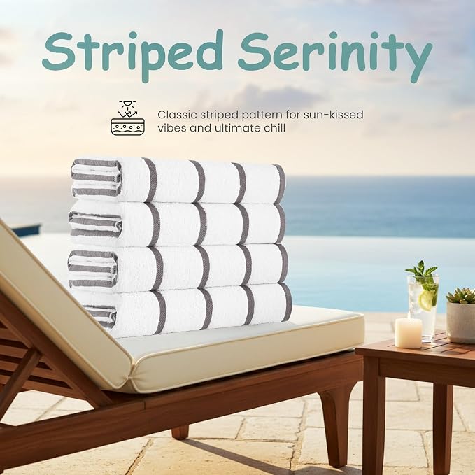 CASA COPENHAGEN Cabana Pool 4Pcs 100% Egyptian Cotton Large Designer Beach Towels Set- White Ash, 500GSM, 55"x27", 4 Beach Bath Towels Set for Women & Men