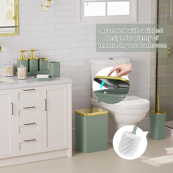 Bathroom Set - 10PC Bathroom Accessory Set, Sage Green Bathroom Set, Luxury Bathroom Accessories Set, Trash Can, Toilet Brush, Soap Dish, Qtip Holder & Soap Dispenser