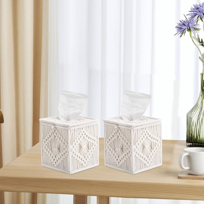 Macrame Tissue Box Cover, 2 Pack Square Boho Decor Tissue Holder, Handmade Woven Cotton Rope Organizer with Open Bottom for Bedroom, Bathroom, Living Room, Office - Ivory