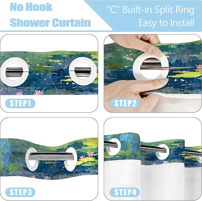 Accnicc Cute Cat No Hook Shower Curtain with Snap in Liner 71×74 Inch | Funny Fun Cool Cats Monet Hookless Shower Curtains, Water lilies Bath Curtain Decor, Waterproof Washable Polyester Fabric
