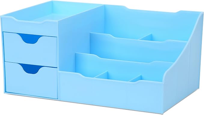 Makeup Organizer With Drawers - Modern Countertop Storage for Cosmetics - Chic Vanity Holder for Cologne, Skincare, Brush, Lipstick, Nail Polish Organization & Display (Blue)