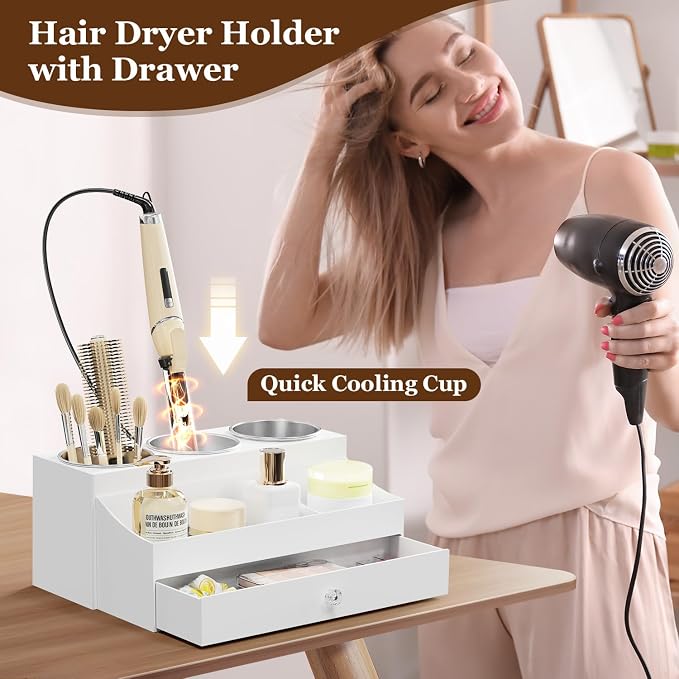 GFWARE Hot Hair Styling Tool Organizer with Drawer & 3 Cooling Cups, White | Bathroom Vanity Storage, Hair Styling Accessorier Hair Dryer, Blow Dryer, Curling Iron, Flat Iron, Hair Straightener