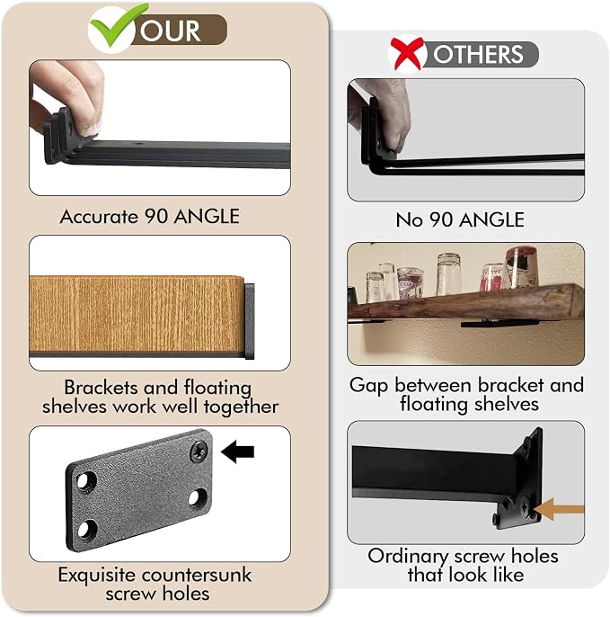 4 Pack Heavy Duty Metal Shelf Brackets 10 inch Long,Black | L-Shaped Wall Shelf Bracket Hidden & Decorative Shelf Bracket,1/5”-Thick,150 lbs of weight capacity