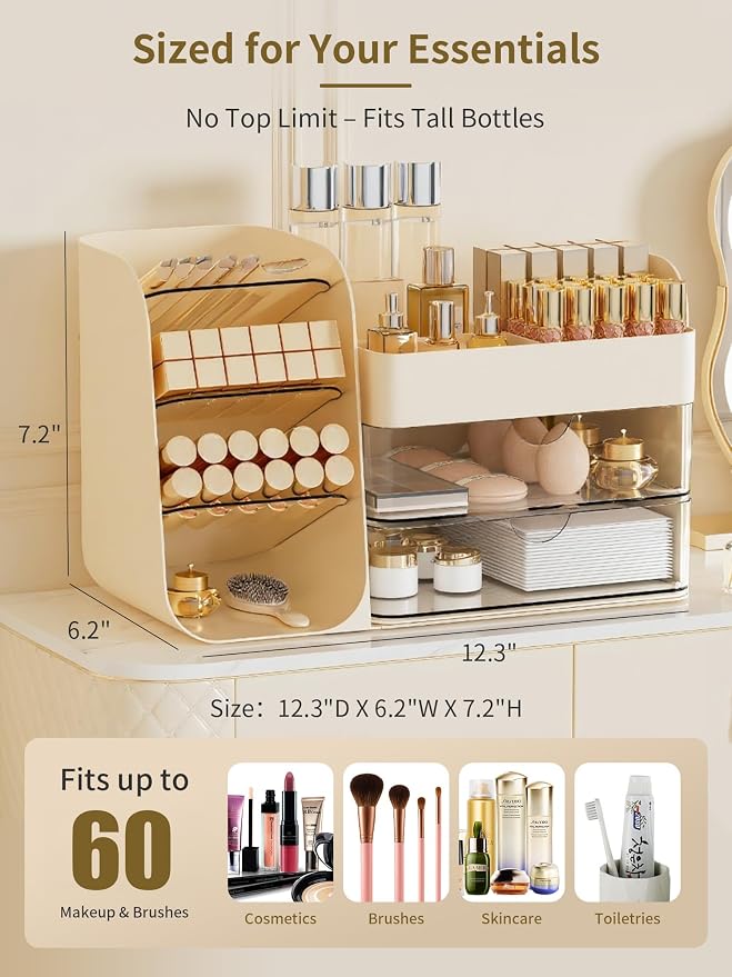 Booklov Small Makeup Organizer for Vanity Countertop, Cream | Clear Acrylic Cosmetic Display Case, Beauty Brush Holder for Bathroom Counter, Make Up Skincare Lipsticks Storage