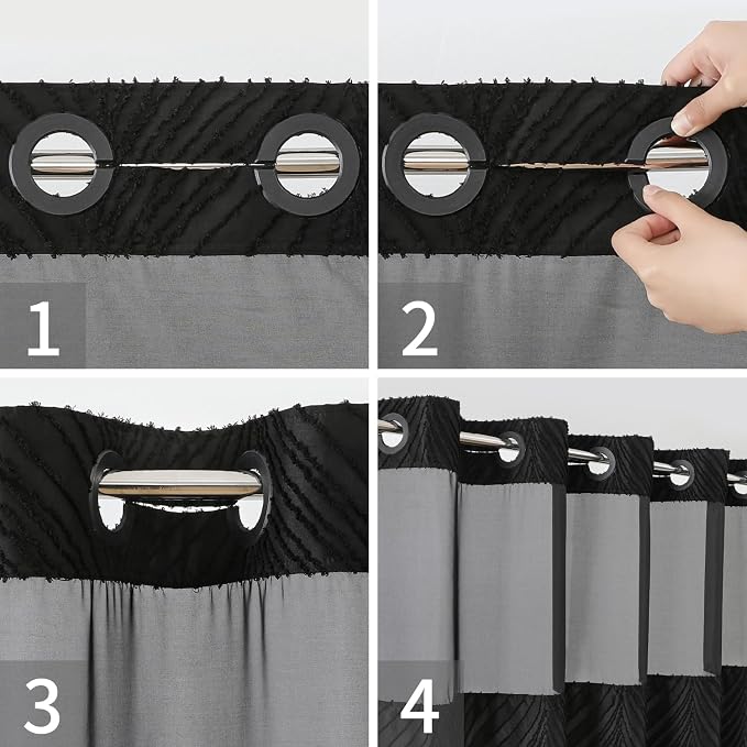 eachope no Hook Shower Curtain and Liner Set，Boho Style with See Through Top Window, Black Fabric Tufted Striped Textured Outer Curtain & Waterproof Inner Liner, DarkBlack, 71Wx74H