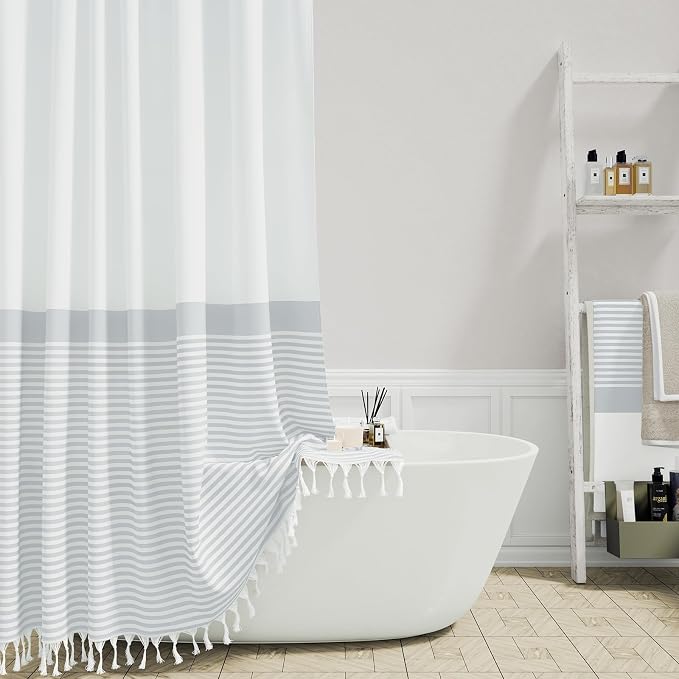 Stall Fabric Shower Curtain, 60 inch Modern Farmhouse Grey and White Boho Striped Cloth Shower Curtain with Tassels, Hotel Luxury Bathroom Shower Curtain Set with 10 Hook, Grey, 60x72