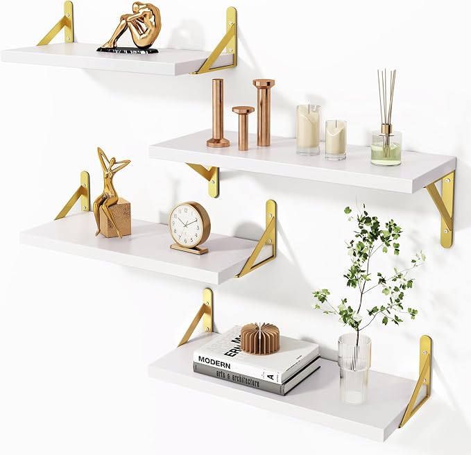 YGEOMER 4 Different Sizes Floating Shelves for Wall Decor, White and Gold | Rustic wood shelves in mixed sizes for flexible combined storage. Fits bathroom, kitchen, living room, bedroom and office.