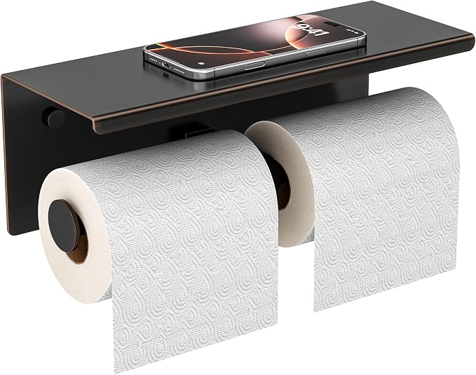 FORIOUS Toilet Paper Holder with Shelf, Commercial Toilet Paper Dispensers | Oil Rubbed Bronze | Wall Mount Bathroom Tissue Holder | SUS304 Stainless Steel Rustproof | Double Tissue Roll Holder