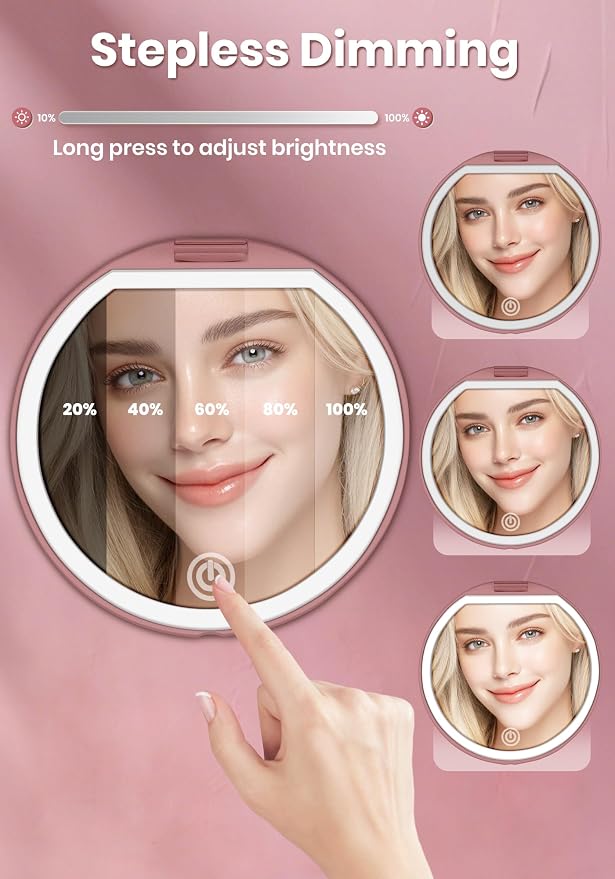 Compact Mirror with Light, Rechargeable 40X Magnifying Mirror with 3 Lighting Modes & Dimmable Brightness, Portable Travel Makeup Mirror; Essentials for Travel, Pocket, Purse Gifts Rose