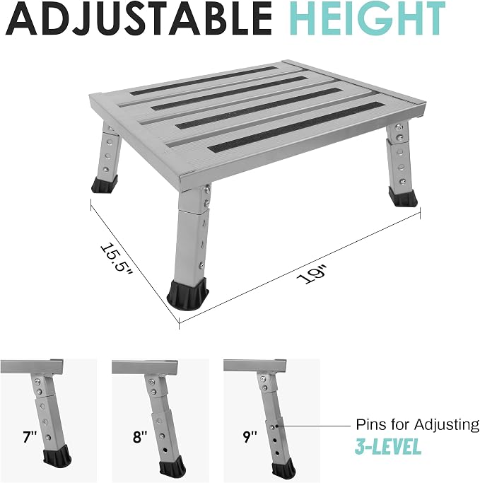 Adjustable RV Step Stool, Wide Platform, Foldable Legs, Silver | 3 Height Settings, 1,000-lb Capacity, Aluminum Frame, Non-Slip Rubber Feet, Portable Step for Camper Stairs and Trailers