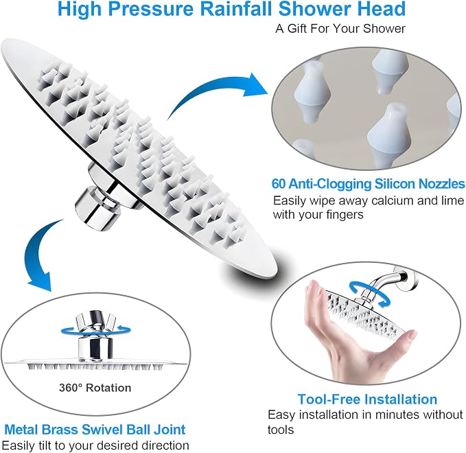 High Pressure Rainfall Shower Head, 6 Inches Showerhead with Perfect Adjustable Replacement, Removable Restrictor, Easy Installation for Your Bathroom Shower Heads (Chrome Finish, Ultra-thin)