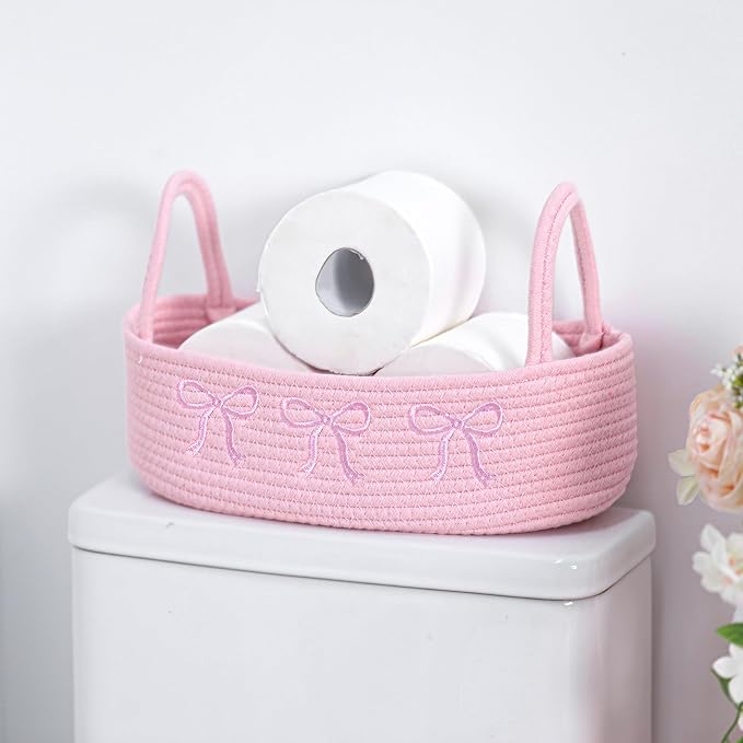 Vesici Pink Bow Woven Storage Basket for Toilet Tank Top with Handle | Cotton Rope Basket Holds Toilet Paper, 13x6x4 Inch Bathroom Organizer, Boho Pink Decor in Countertop Bedroom Nursery