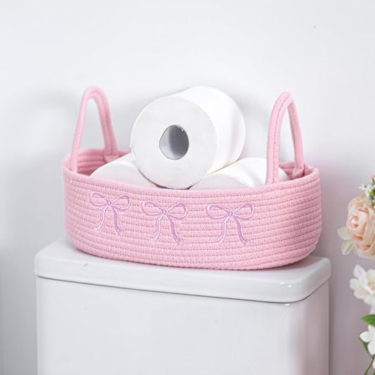 Vesici Pink Bow Woven Storage Basket for Toilet Tank Top with Handle | Cotton Rope Basket Holds Toilet Paper, 13x6x4 Inch Bathroom Organizer, Boho Pink Decor in Countertop Bedroom Nursery