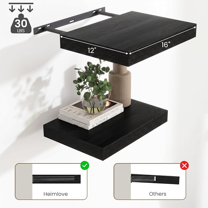 Deep Floating Shelves for Wall, 16 Inch Wide Small Wall Shelves Set of 2, 2 Inch Thick Invisible Wall Mounted Shelves for Bathroom Bedroom Nursery,Black