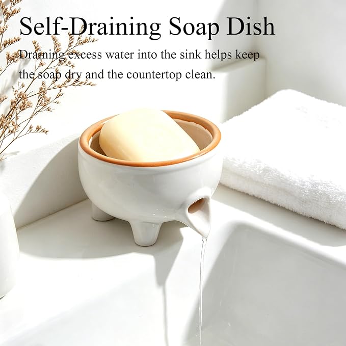 Soap Dish, Self Draining Ceramic Soap Holder for Shower, Bath, Kitchen Sink | Soap saver holds Sponge, Scouring Pads, steel wool. Drains to keep bar dry & counter clean. Fits most decor