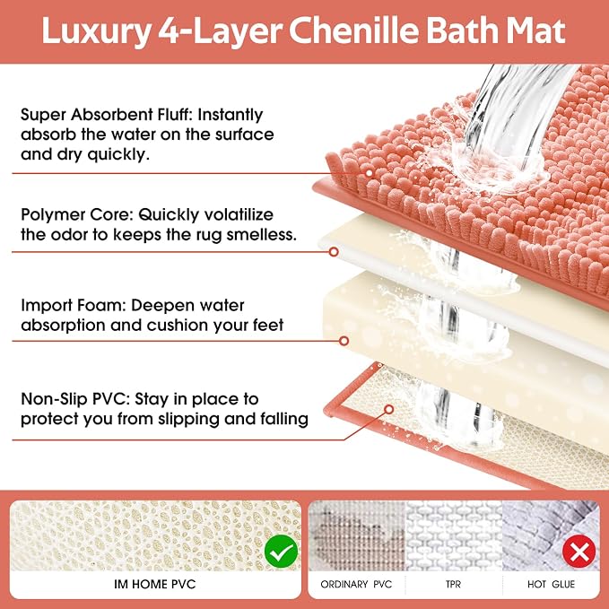 Striped Coral Bathroom Rug Set 3 Pieces Ultra Soft, Non Slip Chenille Toilet Mat, Absorbent Plush Shaggy Bath Mats for Bathroom, Bedroom, Kitchen