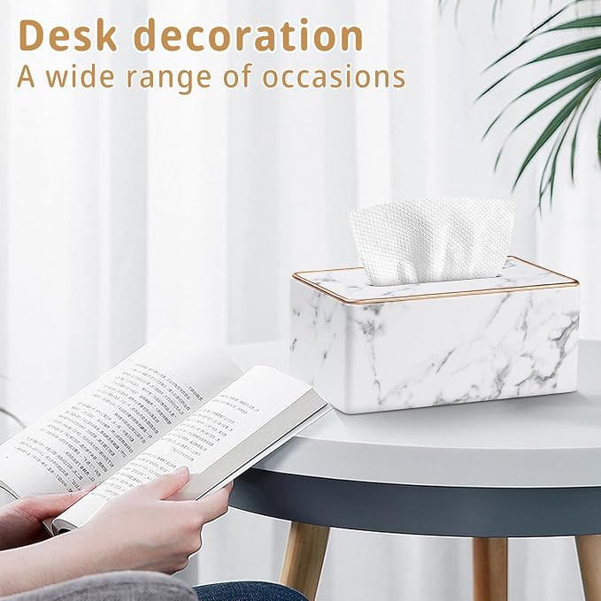 PU Leather Tissue Box Cover Rectangle,Marble Facial Tissues Cube Box Holder | Modern Facial Paper Napkin Dispenser Organizer Rectangular for Bathroom Vanity,NightStand,Coffee Table,Hotel,Car,Home Decor
