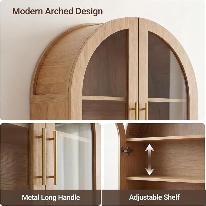 Seang Bathroom Arched Wall Cabinet,23.6" Modern Medicine Cabinet with Towel Bar and Adjustable Shelf,Over The Toilet Wall Storage Cabinet for Laundry Room,Living Room,Kitchen,Natural
