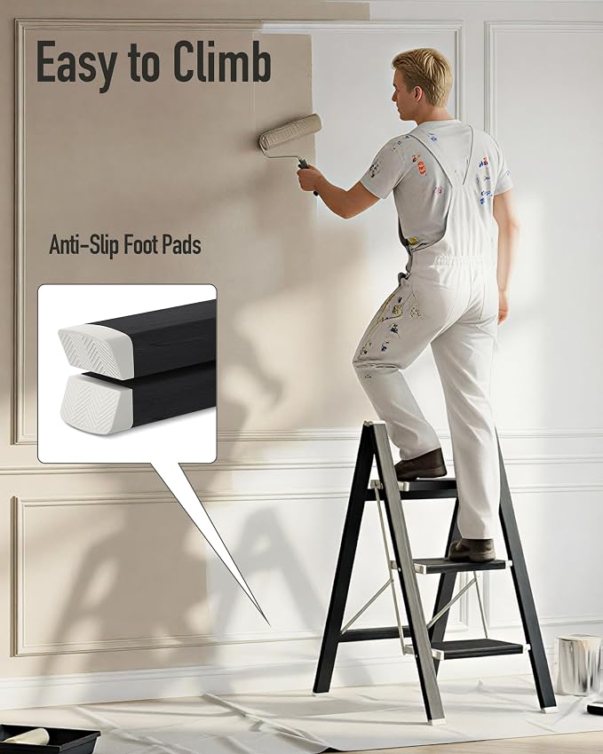 Mayi Plus 3 Step Stool Foldable, Aluminum, Lightweight Step Ladder | Extra-wide anti-slip folding steps with 330 lbs, for home,kitchen,office,outdoor,Ebony woodgrain