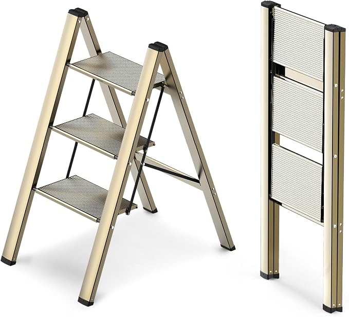 3 Step Foldable Step Stool, 300lbs Load, Gold | Folded 35''H x 2''T; Net 7.99 lbs; Non-Slip Feet: Wood/Tile/Carpet; Rigid Aluminum Steps; No Assembly; Ready From Box.