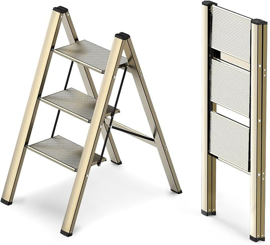 3 Step Foldable Step Stool, 300lbs Load, Gold | Folded 35''H x 2''T; Net 7.99 lbs; Non-Slip Feet: Wood/Tile/Carpet; Rigid Aluminum Steps; No Assembly; Ready From Box.