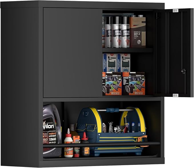 Garage Storage Cabinets,Metal Wall Cabinet with Doors and Shelves,Locking Storage Cabinet for Workshop,Warehouse,Home Office,Black