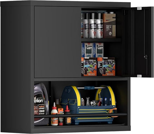 Garage Storage Cabinets,Metal Wall Cabinet with Doors and Shelves,Locking Storage Cabinet for Workshop,Warehouse,Home Office,Black