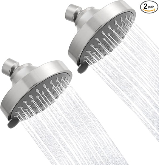 AISOSO High Pressure Rain Shower Head 2PCS 5 Modes 4.1 Inch Brushed Nickel | Low Water Pressure Compatible, Powerful Spray Fixed Showerhead for a Relaxing Indoor & Outdoor Shower