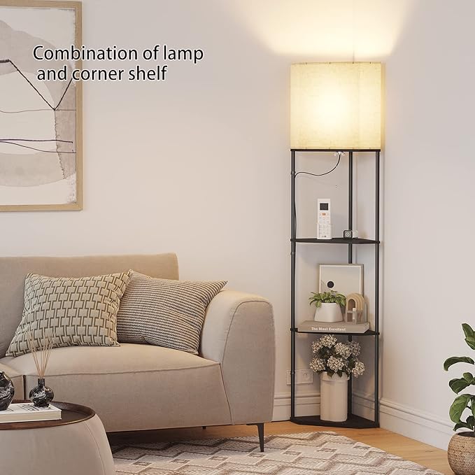 SUNMORY Sector Corner Shelf Lamp 3 Color Temperatures LED Bulb,Corner Lamps with Linen Lampshade, Floor Lamps for Living Room, Bedroom, Study, Black Standing Lamp with Shelves | 3 CCT LED Bulb Include, 4-Tier Display Bookshelf, 63" Tall Standing Lamp, ...