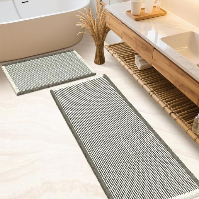 Waffle Bath Mat Set 2 Piece Green & Cream,Woven Modern Bath Rug Mats, Absorbent Non Slip Bath Floor Mat, Soft Washable Boho Bath Rugs with Tassels for Bathroom, Bedroom, Kitchen,Tub