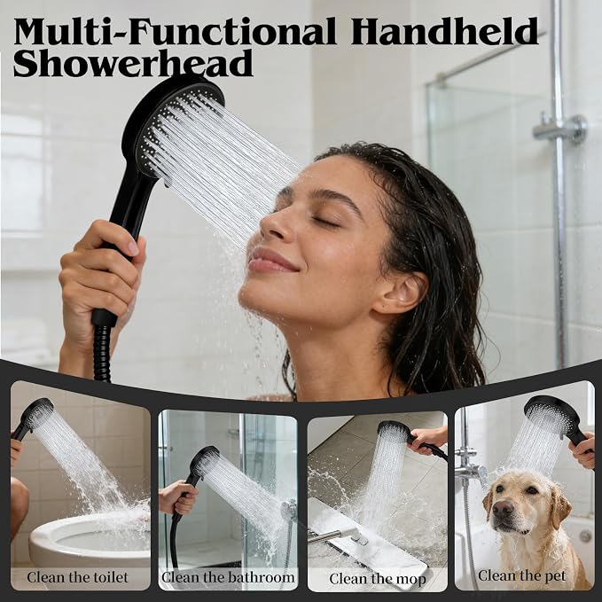 12 Inch Shower Head, Rain Shower Head with Adustable Extension Arm, Detachable Matte Black Rina Shower Head with Handheld Spray, High Pressure Shower Hose with Holder in Bathroom(Black)