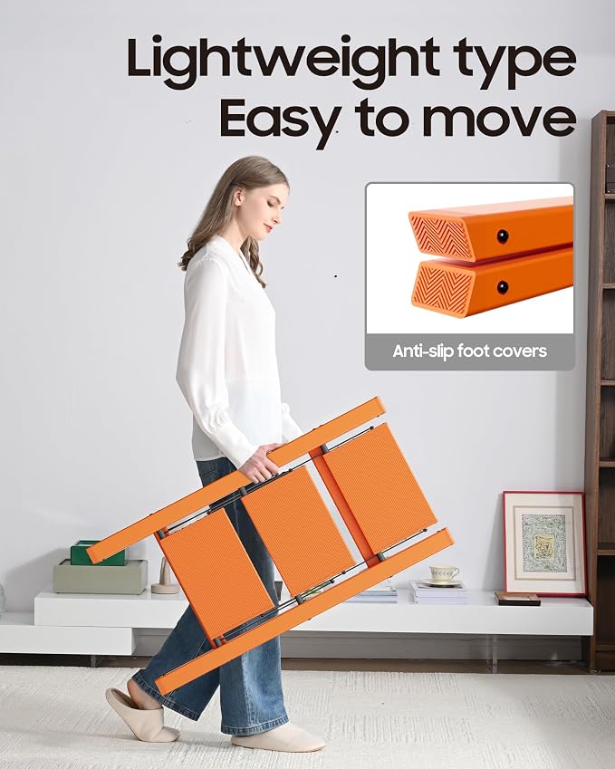 HillhutApex Aluminum Step Stool Foldable,3 Step Ladder (Orange) | Lightweight Portable step ladder with Anti-Slip Wide Pedal,330lbs Capacity Ladder for Household,Office,Kitchen