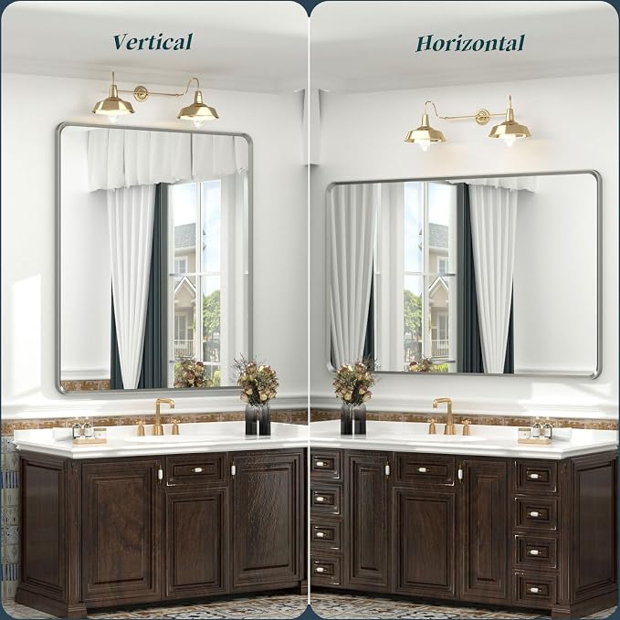OKPAL 30 x 36 Brushed Nickel Bathroom Mirrors for Over Sink, Rounded Rectangle Bathroom Vanity Mirror, Brushed Silver Framed Farmhouse Mirror, HD Tempered Glass Wall Mirror(Horizontal/Vertical)