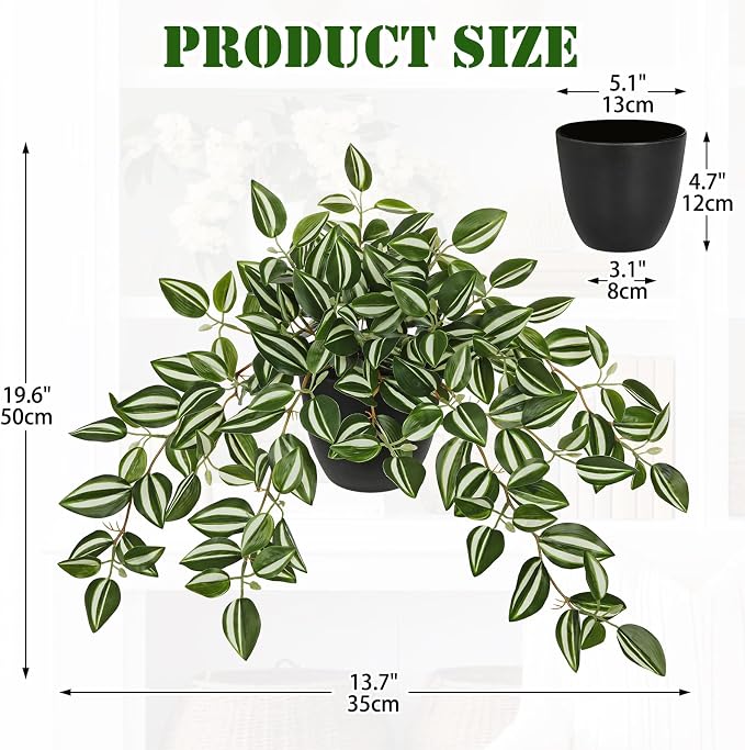 Briful Artificial Potted Plant Indoor, 19.6" Faux Watermelon Peperomia Trailing Plant in Black Pot, Realistic Fake Plants with Cascading Green Leaves for Cabinet Shelf Bathroom Office Desk Home Decor