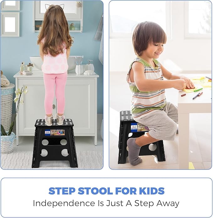 ACKO 13 Inch Folding Step Stools, 2 Pack, 300 lbs, Black | Collapsible Step Stools for Adults with Handles, Non-Slip and Space-Saving, for Kitchen, Bathroom, Bedroom and Closet