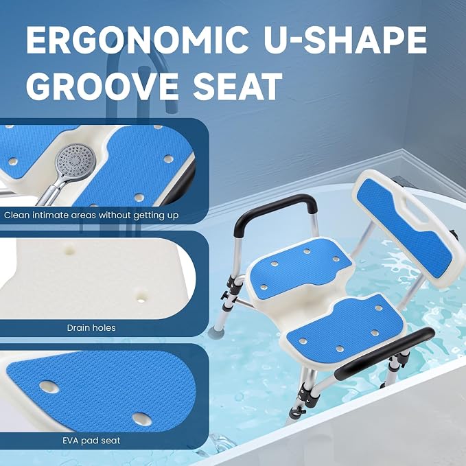 U-Shaped Shower Chair for Inside Shower, Adjustable Chair with Arms & Back | FSA/HSA Eligible, 600lb Capacity, Crossbar Design, Adjustable Height, Tool-Free, Non-Slip Bath Chair for Elderly and Disabled