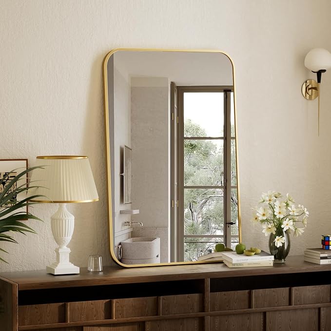 BEAUTYPEAK 24" x 36" Rectangular Aluminum Alloy Frame Wall Mounted Bathroom Mirror with Rounded Corners, Gold | Aluminum Alloy Frame with Rounded Corners