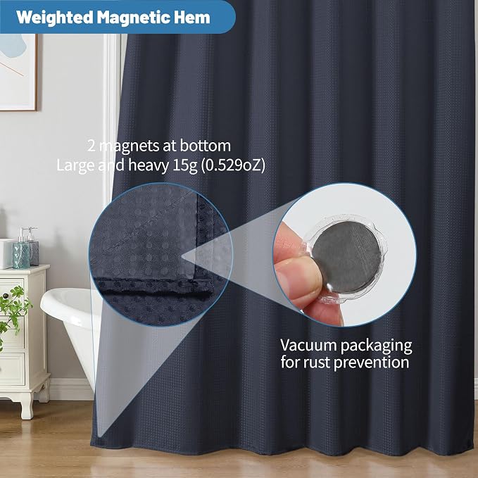 2-in-1 Waterproof Fabric Shower Curtain - No Separate Liner Needed, Hotel-Style Waffle Weave, Effortless Cleaning & Washable Bathroom Shower Curtain Set,72Wx78H,Navy Blue