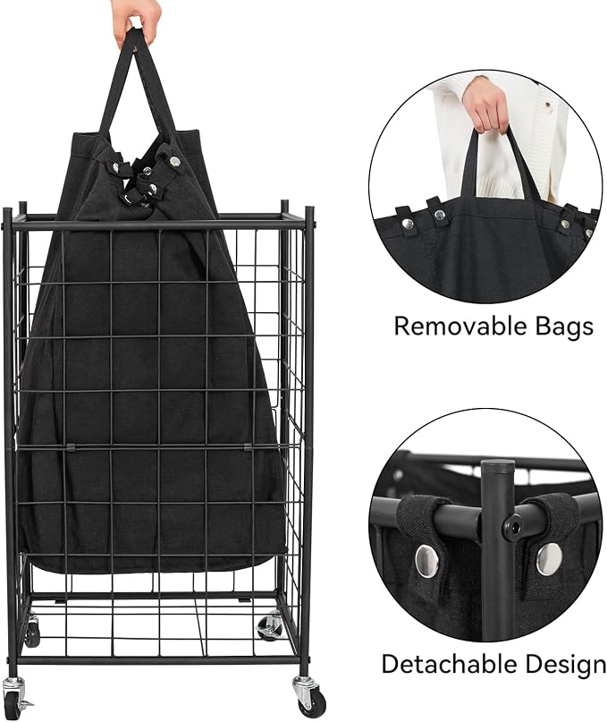 WOWLIVE Rolling Laundry Basket, Metal Wire Frame Laundry Hamper with Wheels | Hamper with Removable Bag, 100L Dirty Clothes Hamper Organizer Dorm Room Storage for Bedroom, Bathroom, Black