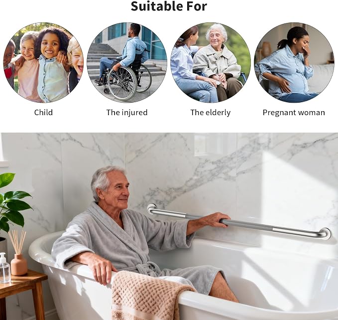 ZUEXT 48 Inch Brushed Nickel Anti Slip Shower Grab Bar with Knurled Grip | Extra Long Handicap Grab Bar for Wall, Stainless Steel Bathroom Handrail, Safety Support Bar for Seniors Elderly, 1.25" Dia