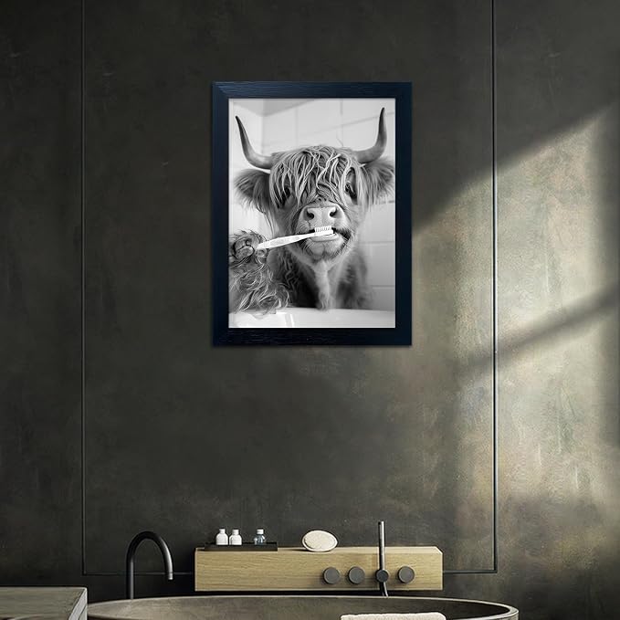 Highland Cow Framed Black and White Wall Art, Funny Cow Pictures in Toilet, Animal Canvas Print for Bathroom Decor