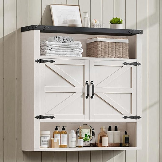 Bathroom Wall Cabinet, Farmhouse Medicine Cabinet with Adjustable Shelves and 2 Barn Doors, Wall Mounted Over the Toilet Storage Cabinet for Bathroom, Laundry Room, Kitchen, Rustic White and Black