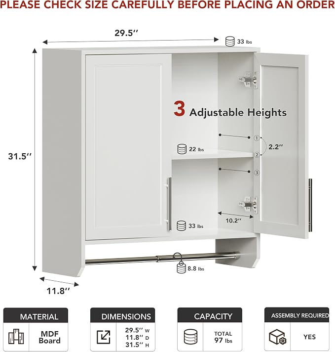 FIMELLO 29.5’’ Wall Cabinet with Hanging Rod, Laundry Room Cabinets Wall Mounted, Bathroom Wall Cabinet, Adjustable Shelf, Shaker Door, White