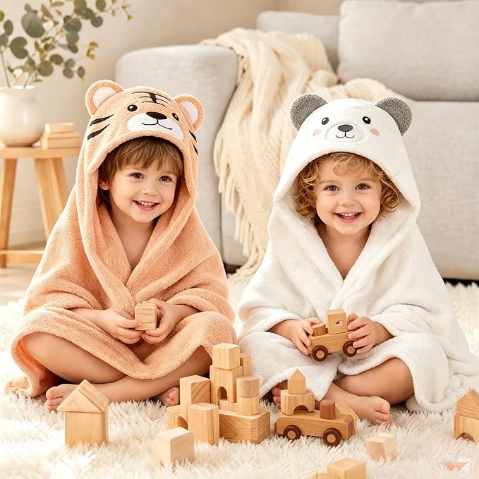 6 PCS Toddler Towels Set for Boy Girl 0-5 Year Essentials, White & Orange | Large Size 55"x27.5", 2 PCS Hooded Baby Bath Towels & 4 PCS Washcloths, Ultra Soft, Thick and Absorbent, Newborn Essentials