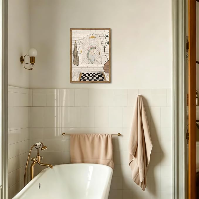 Cute Frog Bathroom Wall Art Funny Frog Shower Wall Decor Picture Quirky Animal Restroom Poster Canvas Painting Print 12x16 inch Wood Framed